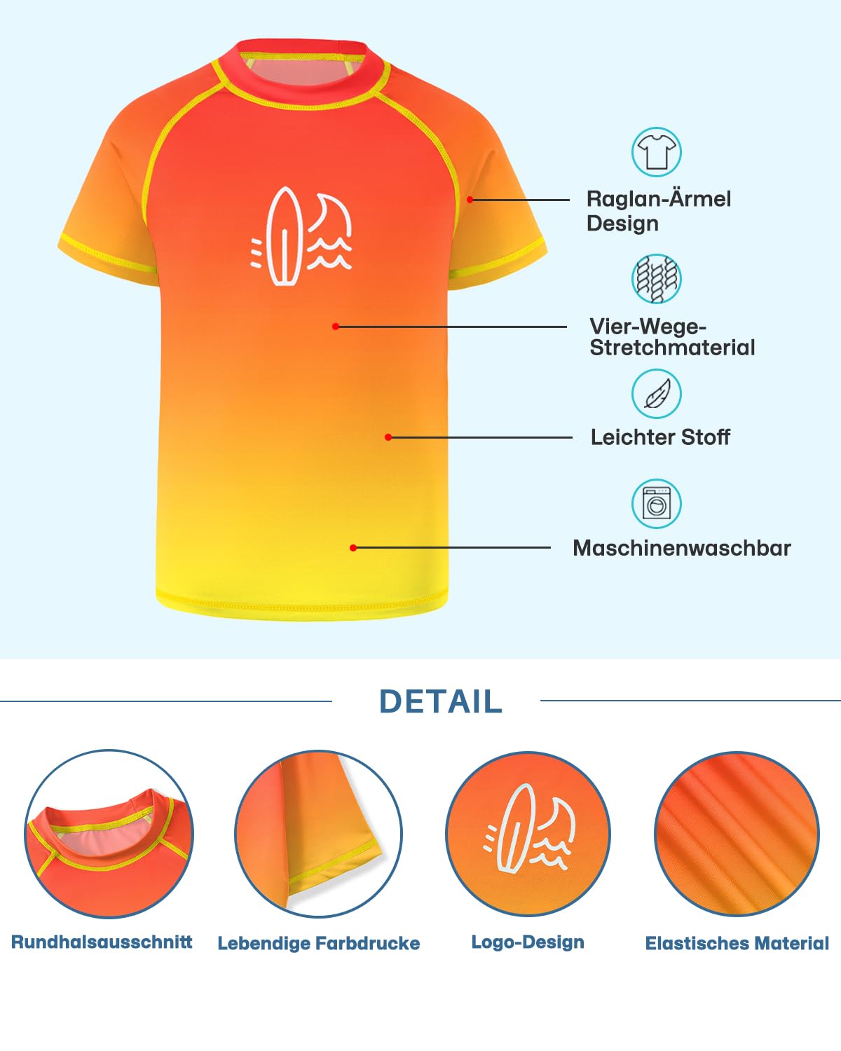 BesserBay Jungen UV Shirt UPF 50+ Kinder Rashguard Kurzarm Rundhals Schwimmshirt Badeshirt 110-160