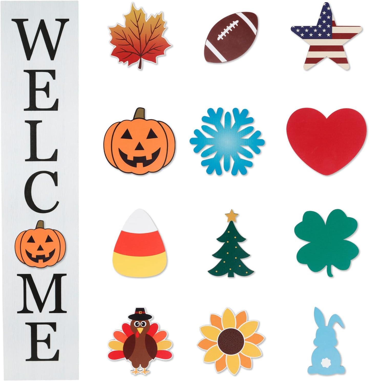 Interchangeable Welcome Sign for Front Porch- 45"X9" Large Standing/Hanging Wooden Sign with 12 PCS Replaceable Icons for 4th of July Fall Halloween Porch Wall Yard Decorations (White)