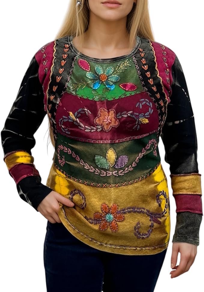 Agan Traders 2025 Winter Women's Long Sleeve Blouses - Cotton Patched Tie Dye Winter Tops - Ladies Boho Tops and Blouses (255 RB, XL, Gold)