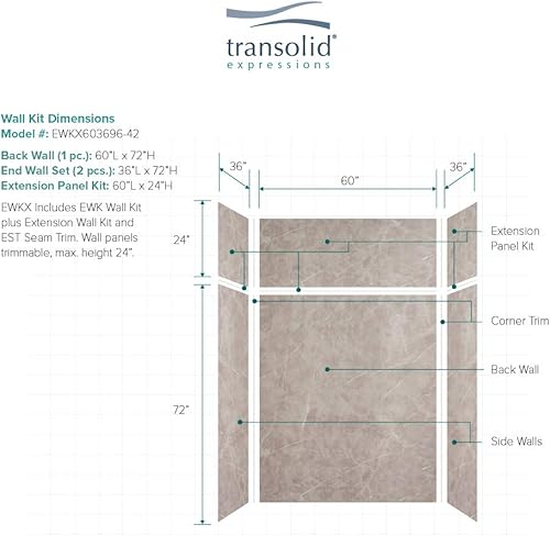 Miniatura 149 de Transolid EWKX483696-41 Expressions - Kit de pared de ducha de 6 paneles con extensión, 36 pulgadas de largo x 48 pulgadas de ancho x 96 pulgadas