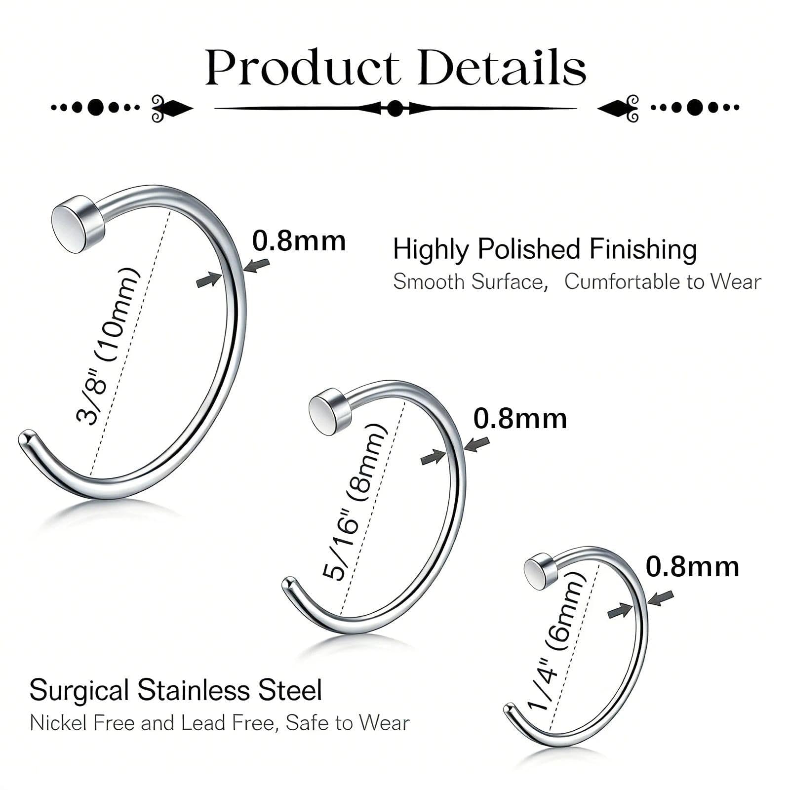 12 Piezas 18G Piercing Nariz Aros Septum Acero Noxidable Quirurgico, Cartílago Pendientes De Aro Bisagra Anillos Piercing Labio Helix Nariz 6mm / 8mm / 10mm — view 3