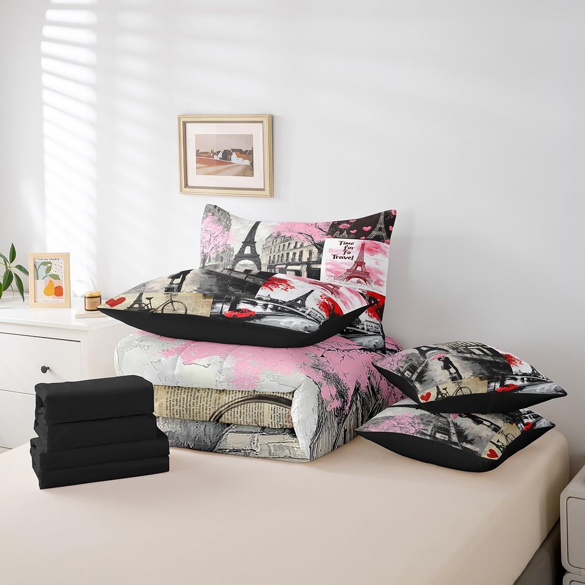 Erosebridal Eiffel Tower Bed in a Bag Queen Comforter Set 7 Piece,Romantic Paris Cityscape Bedding Sets France City Building Comforter and Sheet Set,Red Pink Cherry Blossom Room Decor