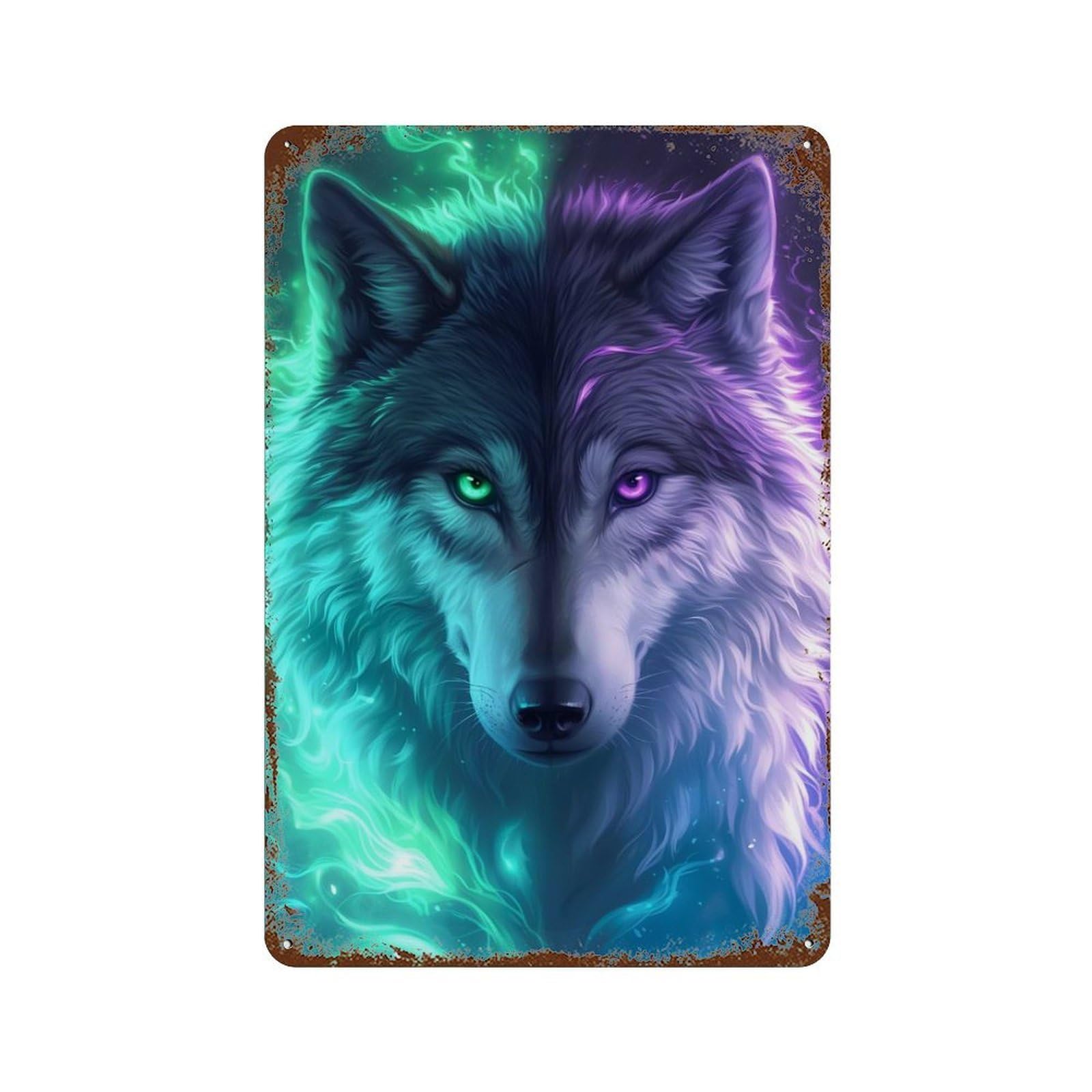 Decorative Tin Sign with Anime Mystical Wolf Design 11.8"x7.9", for Farmhouse, Kitchen And Entryway Decor, Old School Wall Decor