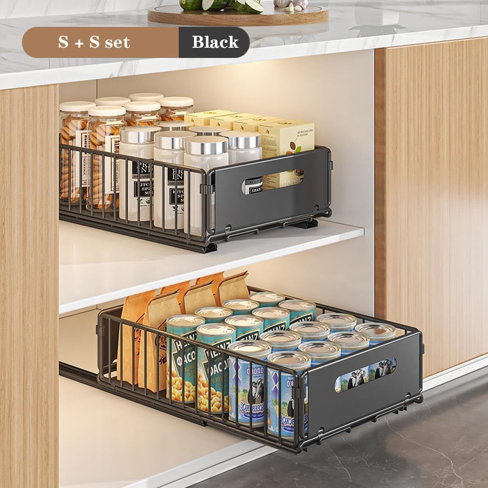 Set 2 cestelli estraibili per pensili cucina - Mensole scorrevoli salvaspazio in acciaio al carbonio - Installazione senza fori - Per sottolavello e dispensa - Nero, piccolo, 2 pezzi (black