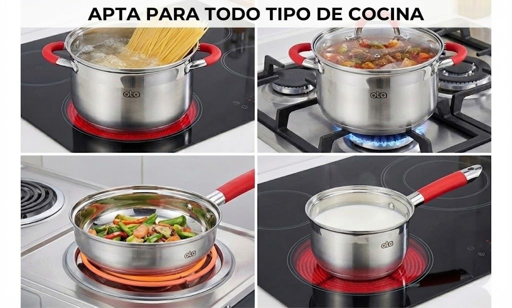 OTA Batería de Cocina 12 Piezas Acero Inoxidable Tapas de Cristal Apto para todo tipo de cocina con Asas Rojas