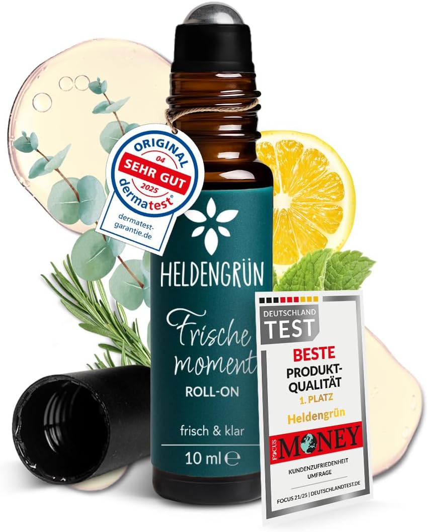Heldengrün Organic Roll-On “Fresh Moment” [100% Natural Pure] Concentration & Focus – Dermatologically Tested – 2-in-1 Fragrance Roller with Organic Peppermint, Eucalyptus, Rosemary & Lemon