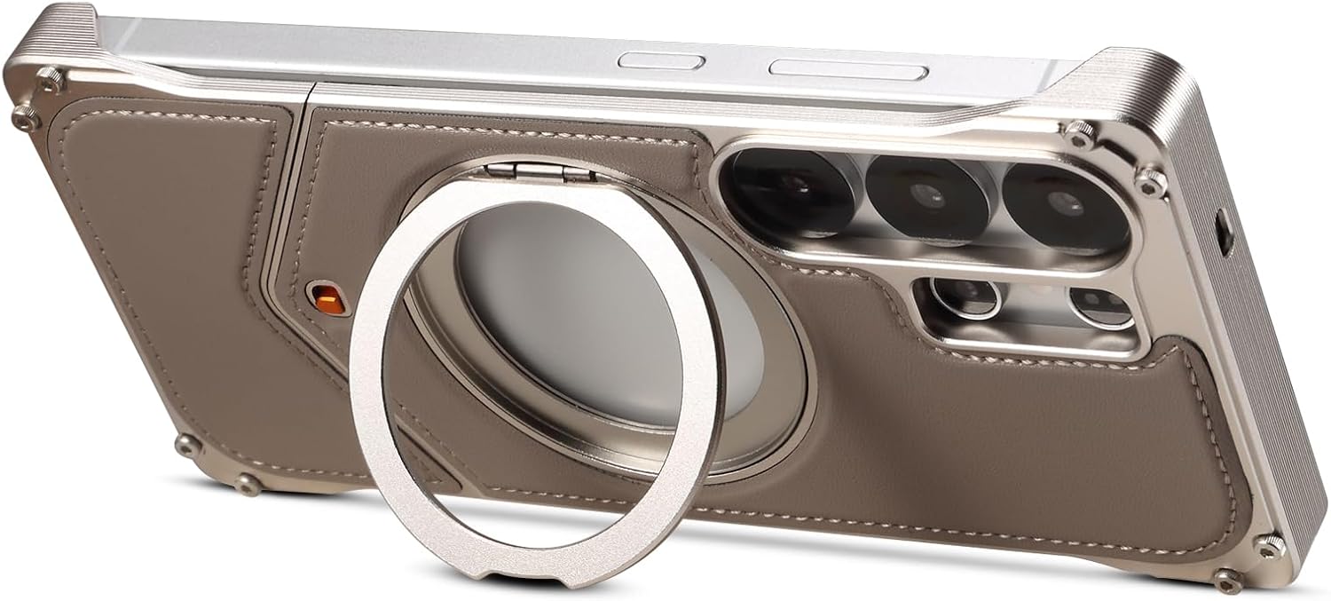 360° Spin Magnetic Stand for Samsung Galaxy S25Ultra Case, Fit for MagSafe,Aluminum Alloy Genuine Leather Ostand with Kickstand Rotatable (Silver, Samsung Galaxy S25 Ultra)