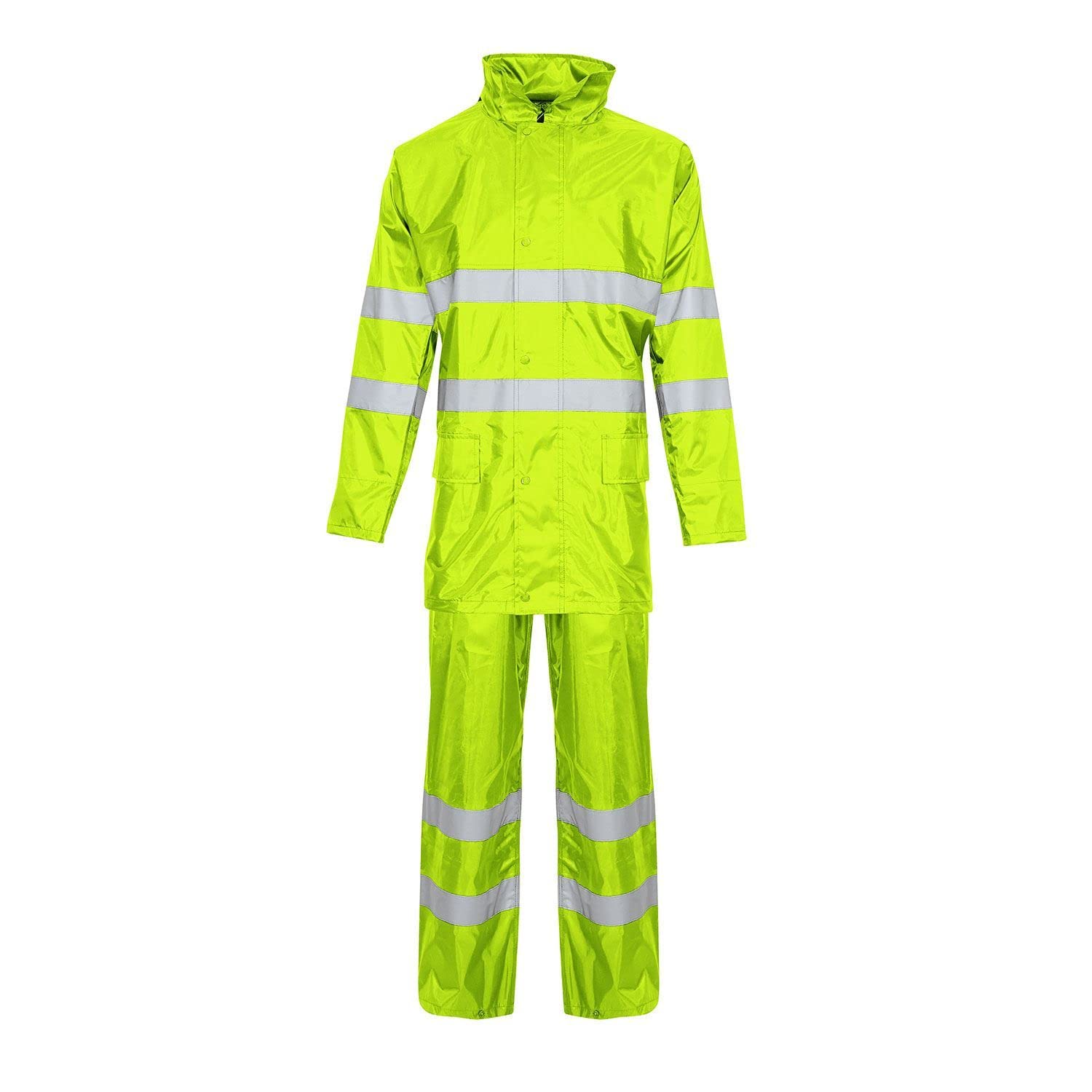 Unisex Hi Vis Viz Plain Rainsuit Jacket Trouser High Visibility Waterproof Hooded Rain Suit 2 Piece Set (Yellow (Hi Vis), XL)