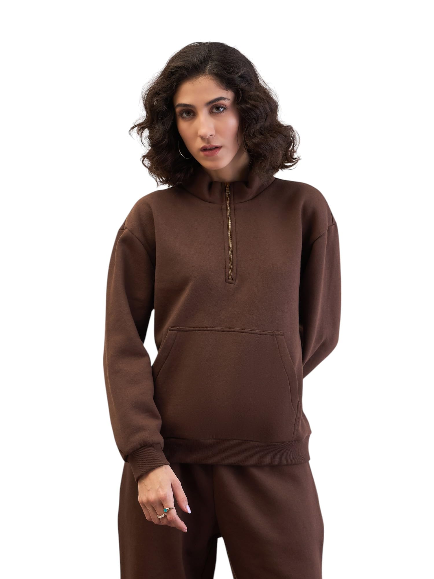 Dark Brown Fleece Front Zipper Sweatshirt-image-22