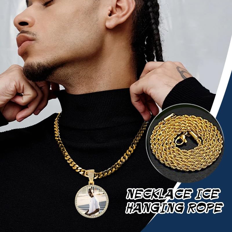 Hiyong Personalized Picture Necklace for Men Women 18K Gold Plated Custom Photo Pendant with Memory Medallion Choose Tennis Cuban or Rope Chain - Necklace for Hip Hop Jewelry Lovers2