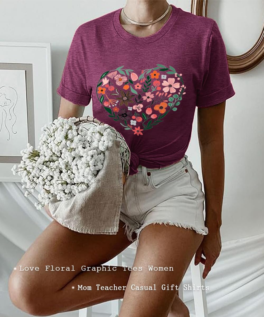 Flower Tshirts Shirts for Women Cute Dandelion Tshirt Casual Short Sleeve Wildflower Floral Heart Print Graphic Tee Tops - Image 5