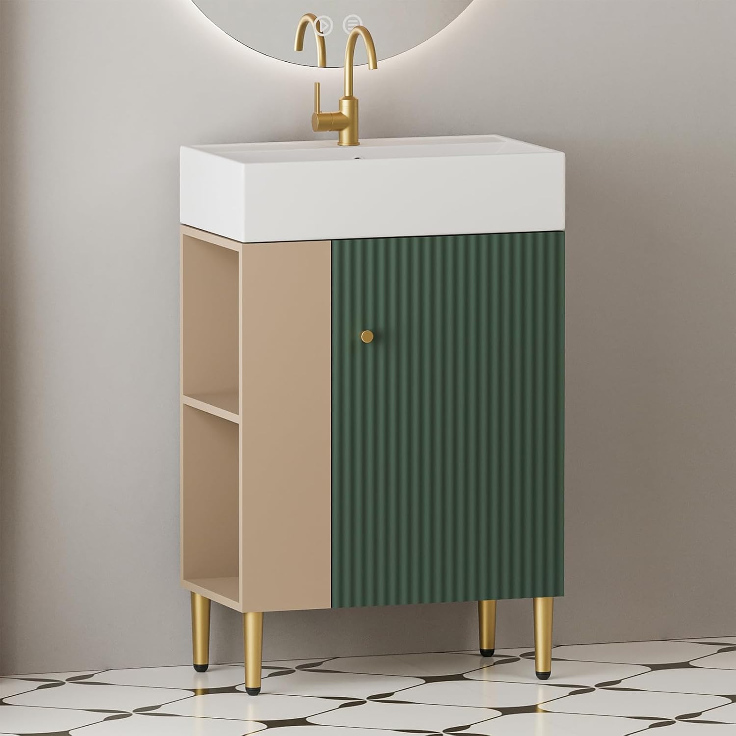 21.6 Inch Bathroom Vanity with Sink, Vanities with Square Ceramic Sink Top and Left Side Storage, Combo Stand Storage Cabinet Set for Small Bathroom (Green)