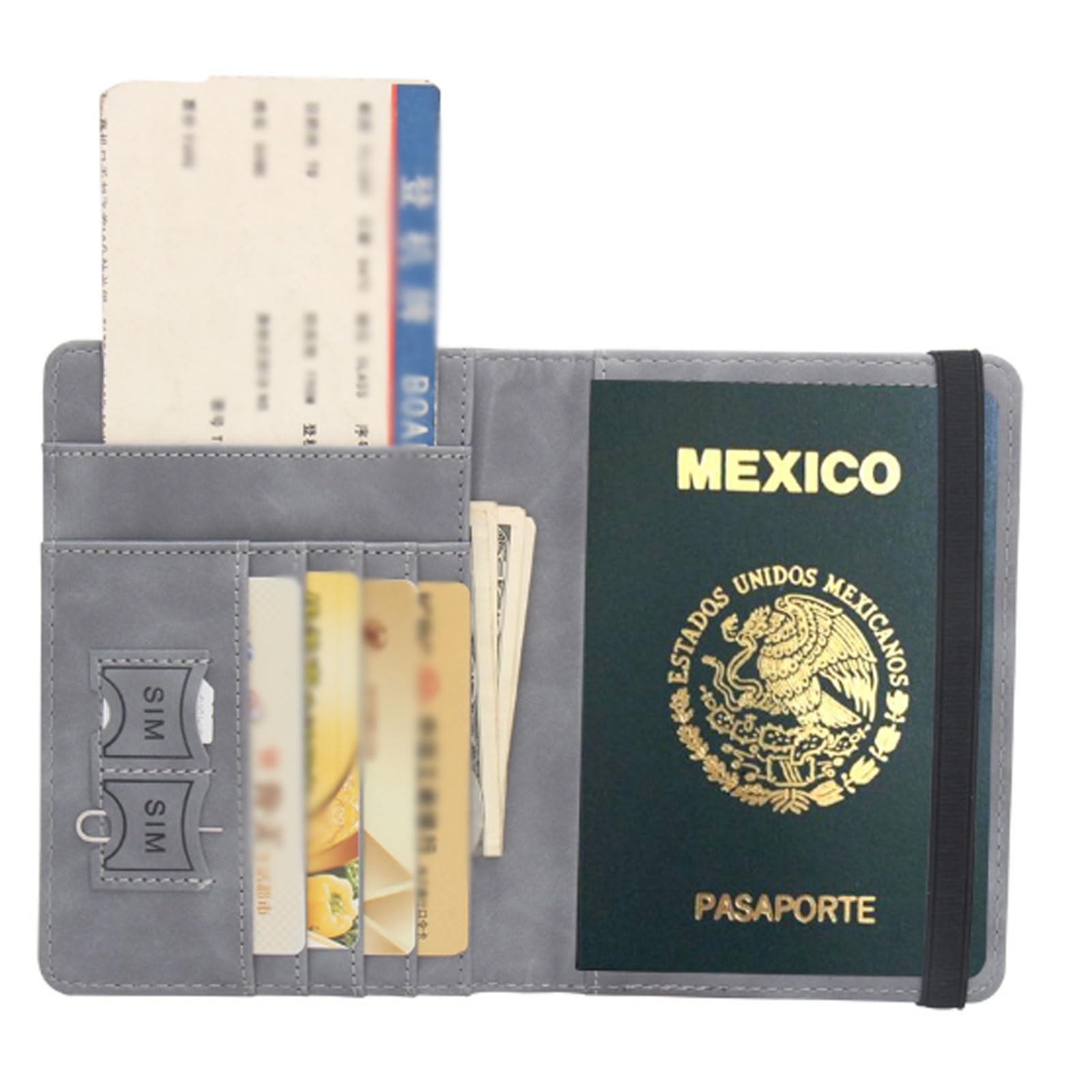 Porta passaporto messicano con fascia elastica multi-card slot anti-magnetico libro biglietto sottile portafoglio da viaggio design compatto, nero, One Size, Stile unico