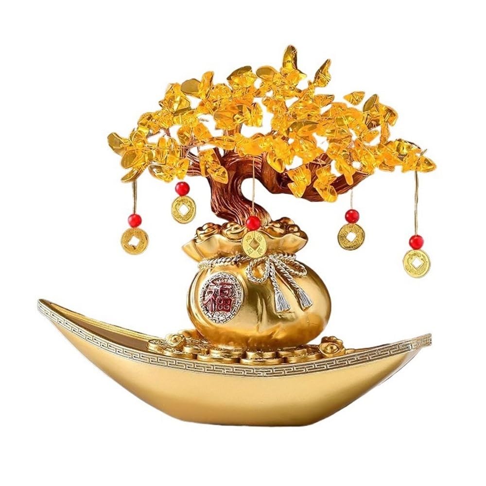 Home Decor Smooth Sailing Crystal Fortune Tree for Home Office Desktop Housewarming Decoration Bonsai(Gold)