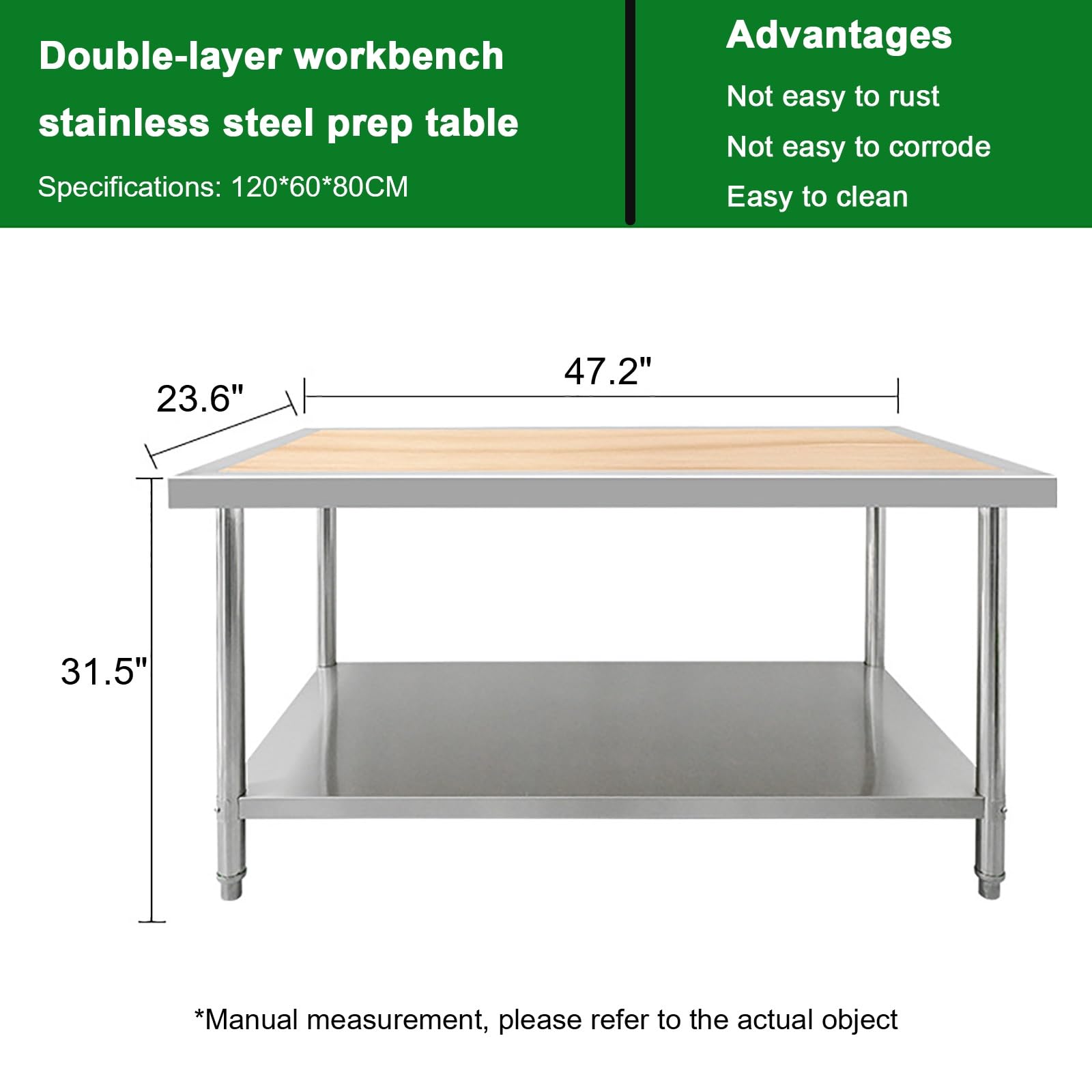 Mesa de preparación de Acero Inoxidable con Tablero de Madera, Altura Ajustable, Capacidad de 1500 LB, Isla de Cocina para Restaurante, hogar y Hotel (tamaño: 120 * 60 * 80 cm/47,2 * 23,6 * 31,5 pul