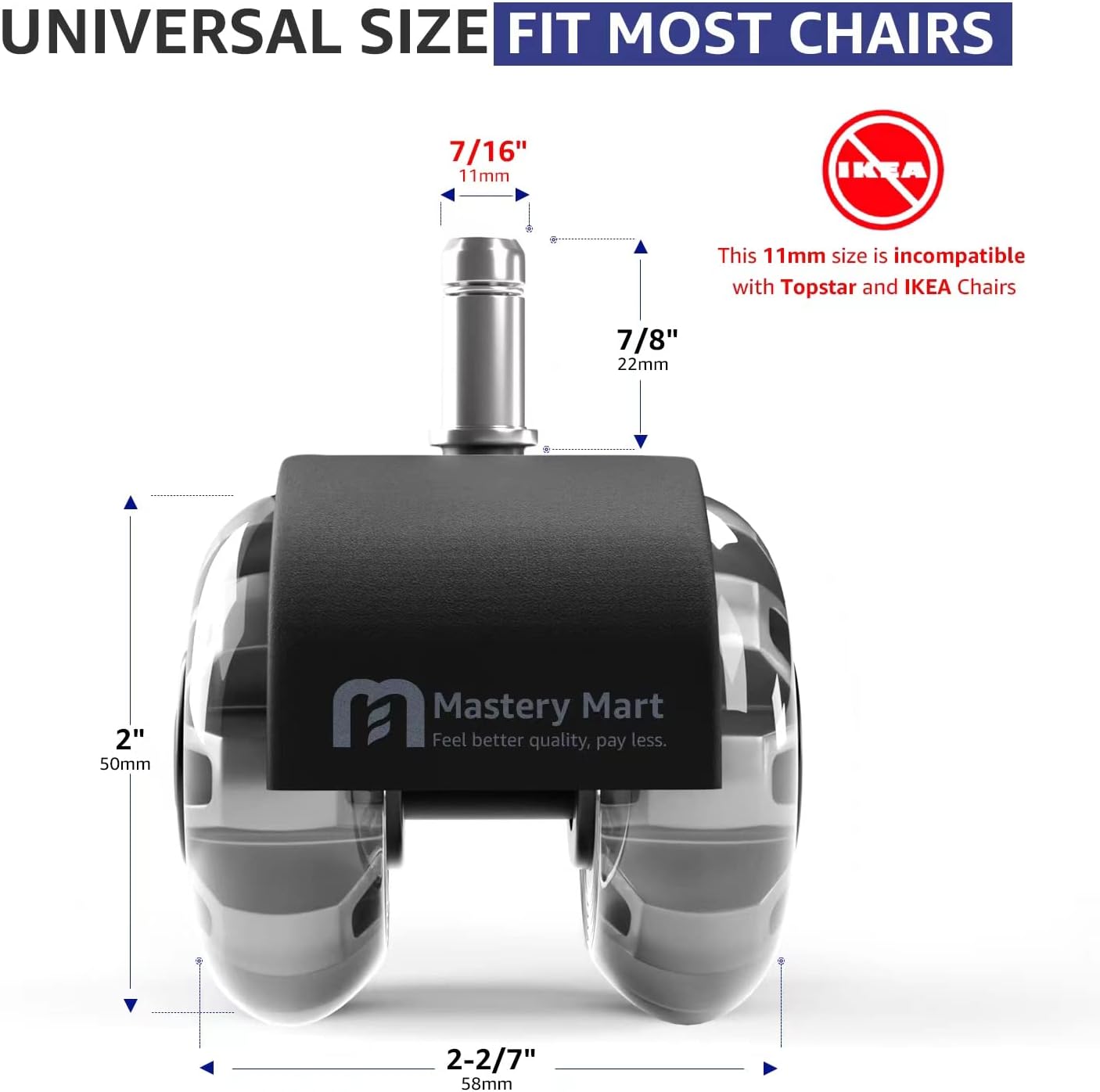 MASTERY MART Office Chair Upgrade Set - 28'' Heavy Duty Base Replacement, Universal Caster, Gas Cylinder + Smooth Rollerblade Wheels for Hardwood Floors (Silver/Universal Size)