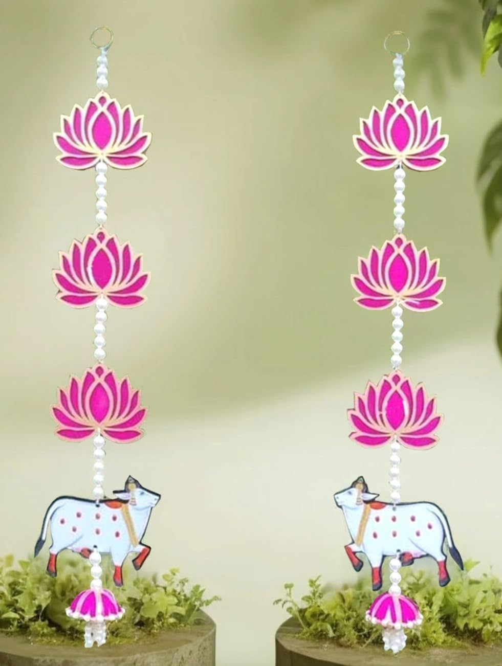 BENAVJI Presents Handmade MDF Wooden Lotus with Cow Door Toran Jhumka Style Hanging for Diwali Decoration Wall Hangings for Home Decor, Temple, Main Door Entrance 60 Cm Length Pack of 2 - Image 4 thumbnail