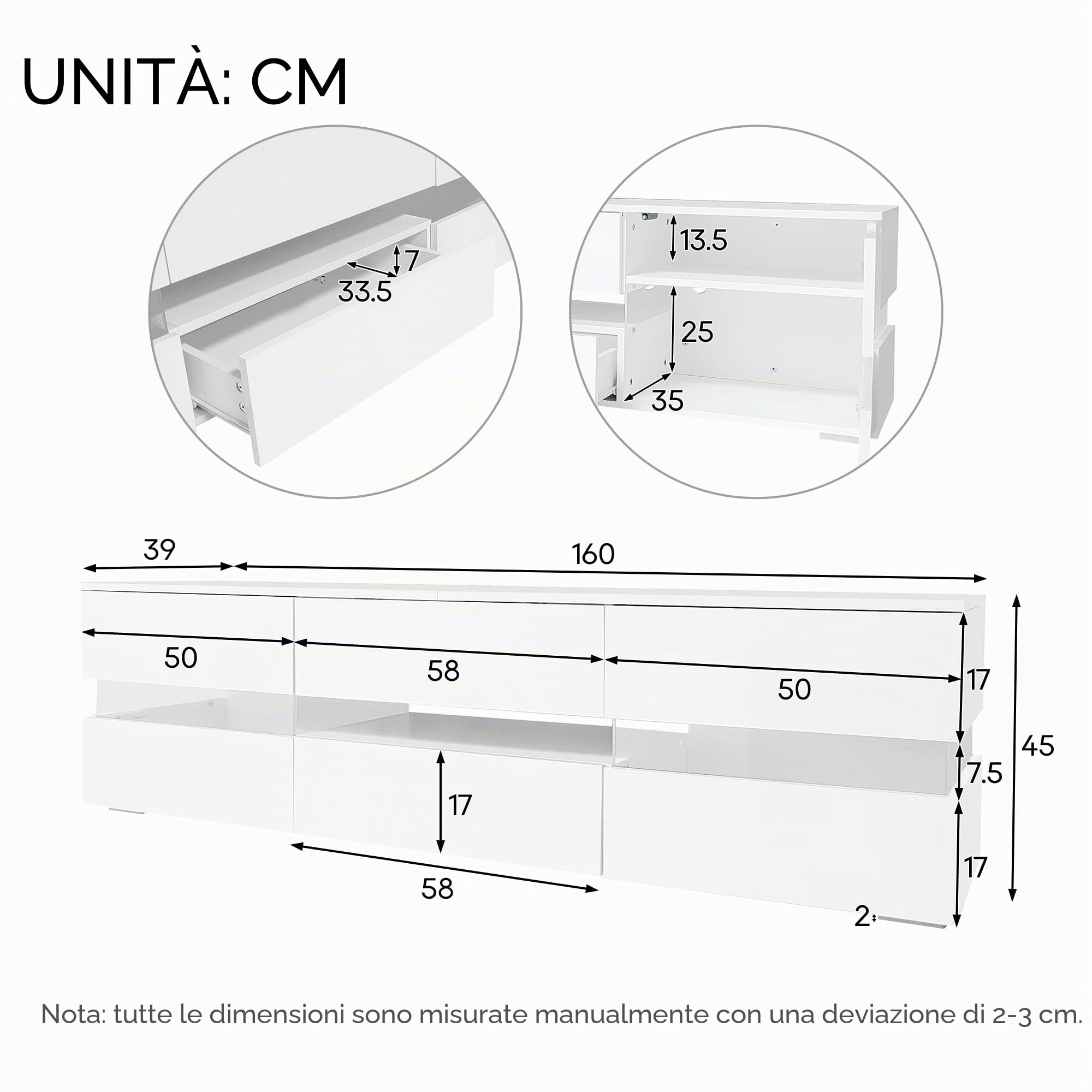 Soweiz Mobile Porta TV Moderno in Bianco Lucido, con Luci LED, 2 Ante, 1 Cassetto, Ripiano Aperto, Adatto per Televisori fino a 70 Pollici – con Inserto in Vetro Acrilico e Apertura per la Stampa