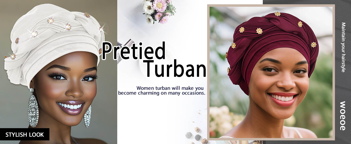 Woeoe Women's African Turban Head Wrap - Black Stretch Braid Pre-Tied Hat For Women & Girls
