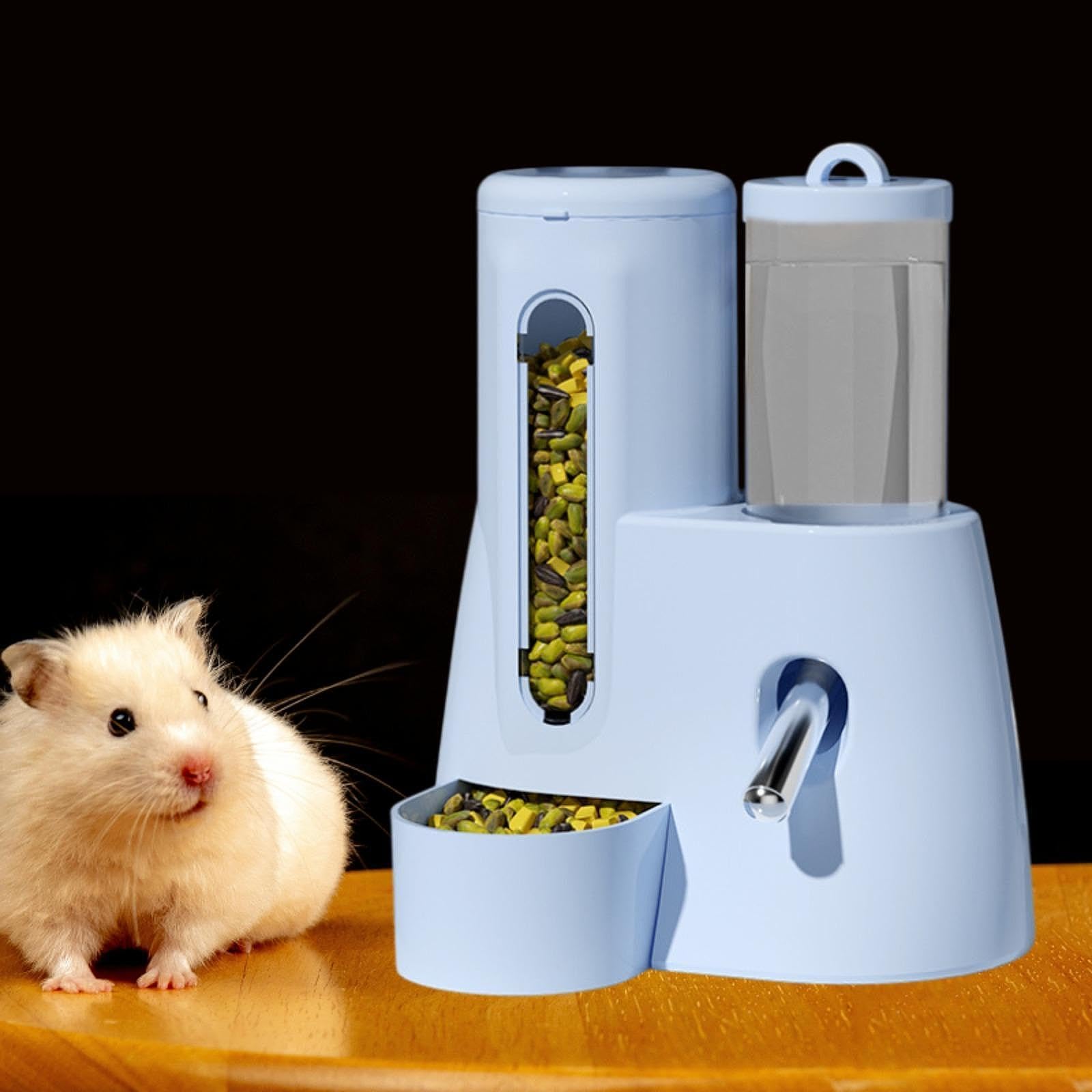 Generic Automatic Hamster Feeder,Automatic Bottle Dispenser with Water Bottle,Non Slip Large Capacity Feeding Station for Ferrets, Blue, 80ml