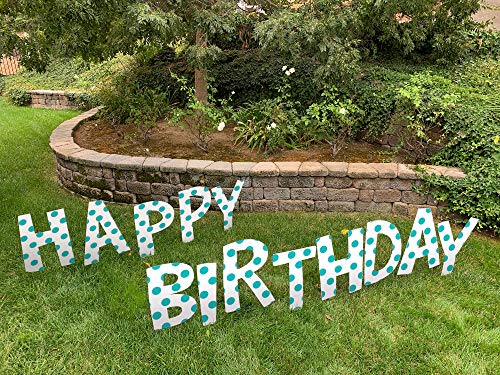 Note Card Cafe Happy Birthday Yard Sign Lawn Letters Set with Stakes | Blue Dots Design for Girl, Boy, Colorful Party Outdoor Decorations | Large Single Sided Signs