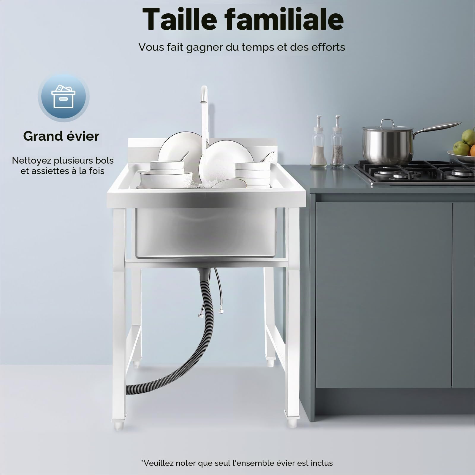 Évier en acier inoxydable, évier de cuisine, 1 bassin, évier mobile, éviers de cuisine autonomes, lavabo à main, pour bars, restaurants, cuisines, buanderies