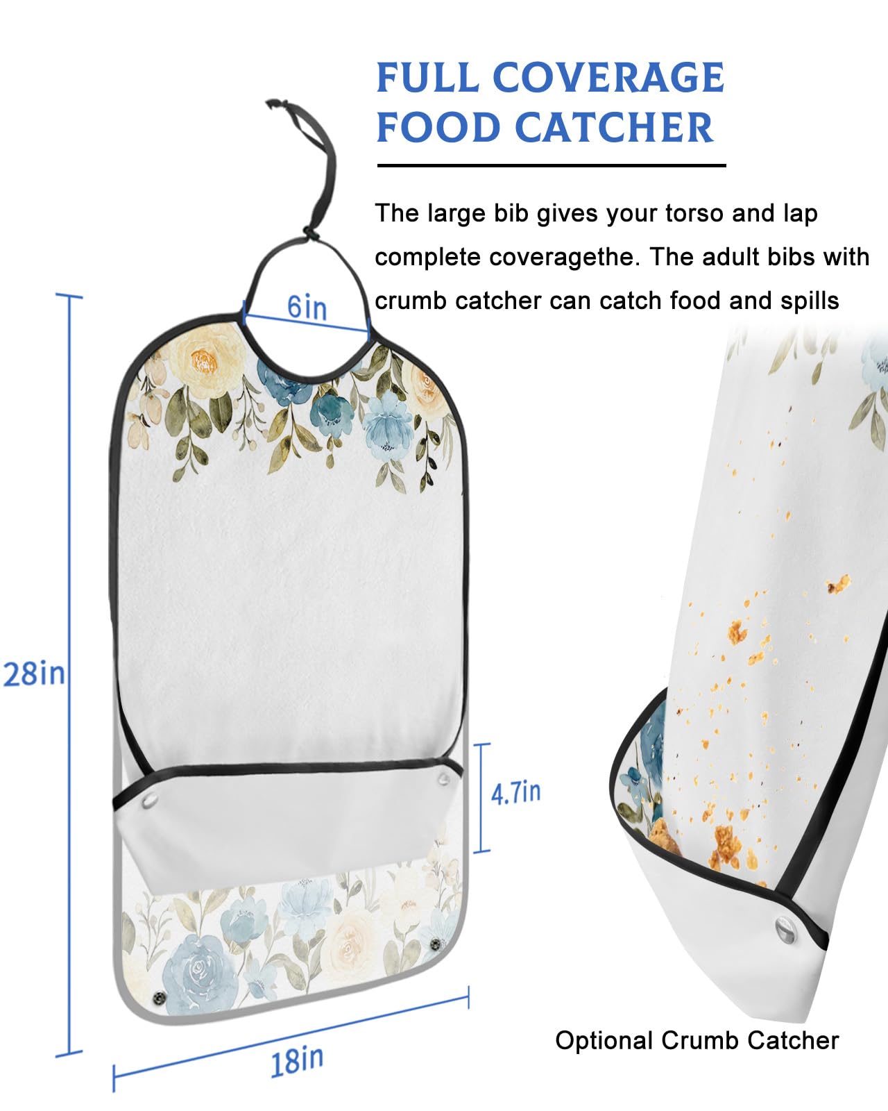 Adult Bibs for Elderly Women - Spring Florals Waterproof Dining Clothing Protectors with Crumb Catcher for Eating/Feeding, Watercolor Flowers Blue Cream White Terry Cloth Bib Machine Washable