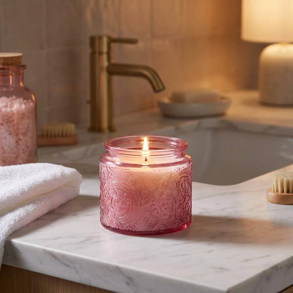 10 oz Embossed Glass Candle Container with Bamboo Lids and Labels, Clear Candle Jars for Making Candles, Sun Moon Stars Design - Pack of 9 (Pink)