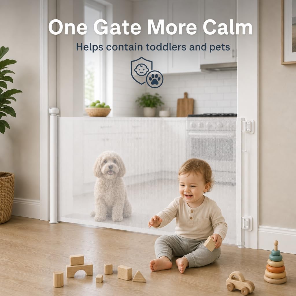 Cancello retrattile per bambini, cancello per animali domestici per scale, 180,3 cm di larghezza x 86 cm di altezza, per porte, cancello per cani, uso interno, funzionamento con una sola mano, facile