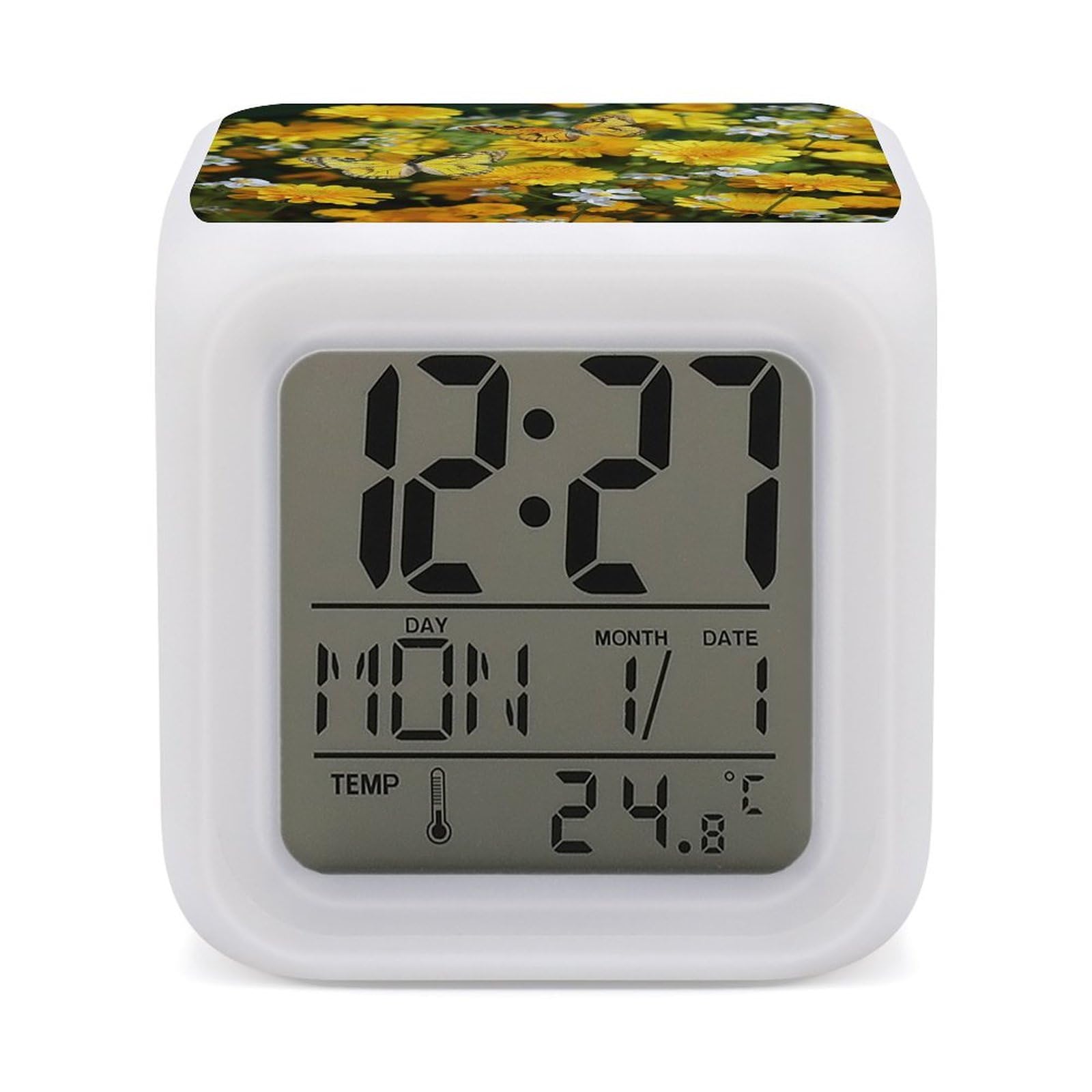 JTREHY 7 Color Changing LED Digital Alarm Clock,Yellow Butterfly and Daisies Printed Wake-up Clock with Temperature Display Home Decoration Alarm Clock for Bedroom Office