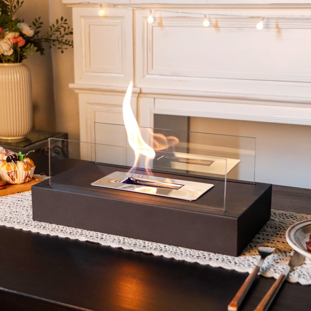 JHY DESIGN Rectangular Tabletop Fire Pit Bowl Pot 35cmL Portable Tabletop Fireplace–Clean-Burning Bio Ethanol Ventless Fireplace for Indoor Outdoor Patio Parties Events (Black)