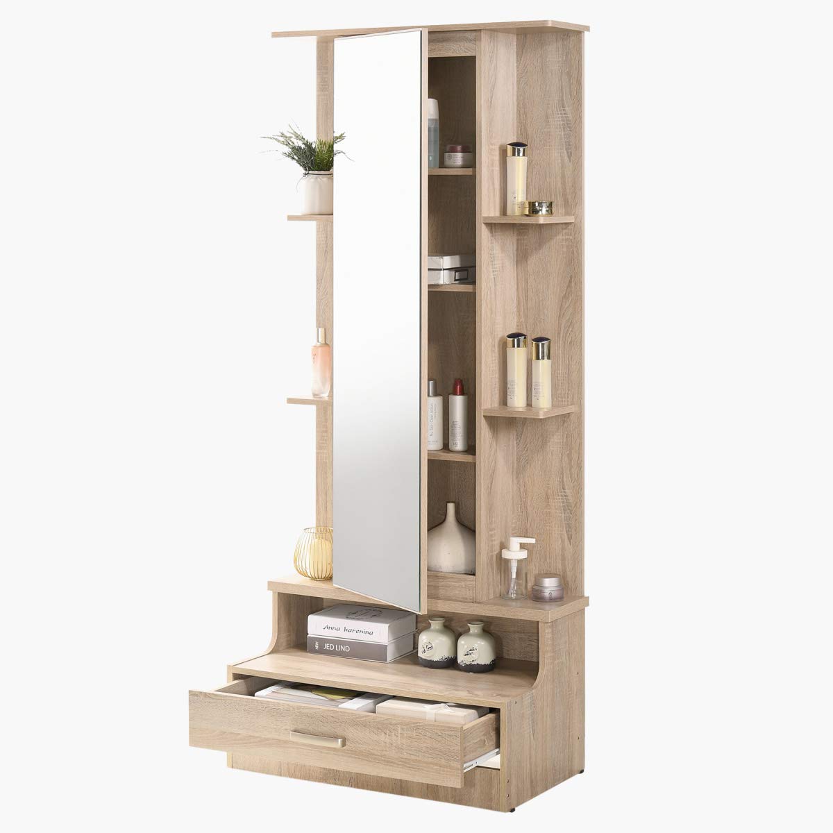 Home Box Homebox Cooper 1 Drawer Tall Dresser With Mirror & Storage, Sonoma Oak - 180L x 75W cm