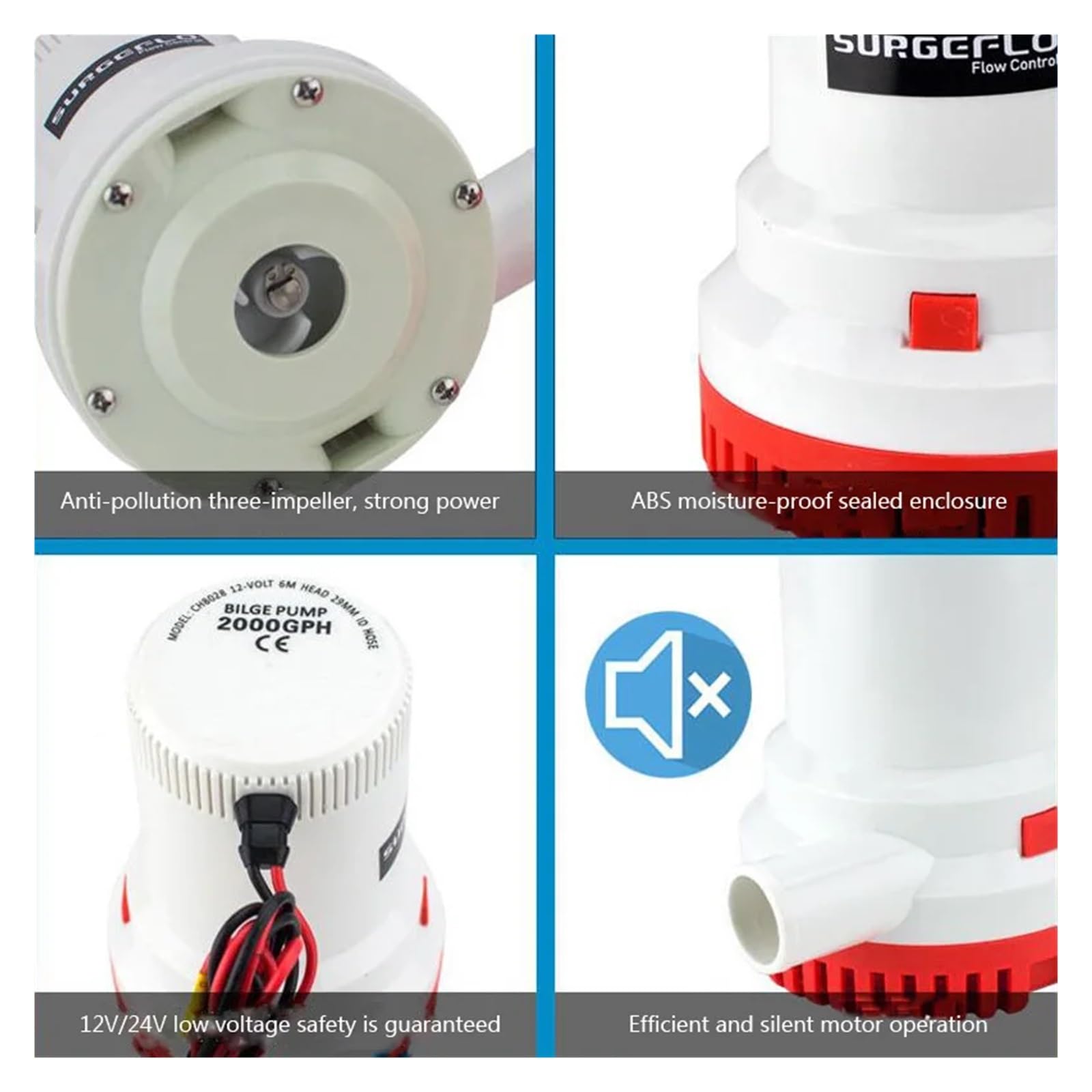 Xuro Bomba de sentina sumergible alta presión, bomba agua eléctrica 12V y 24 voltios utilizada en barcos, hidroaviones, casas rodantes, flotantes, 1500GPH, 2000GPH(2000GPH,12V)