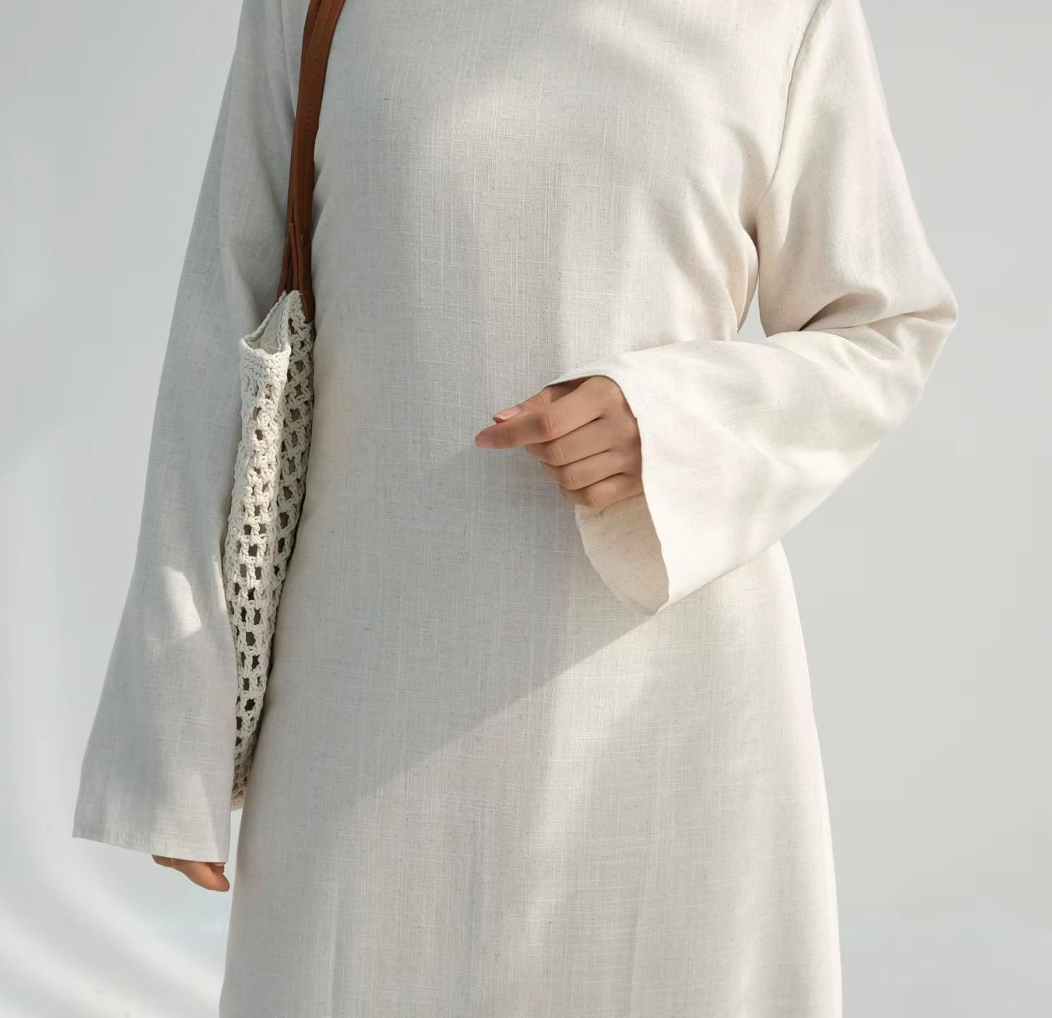 Hanimeli 100% Linen Maxi Dress with Flared Long Sleeves and Tie Belt Modest Dress for Summer
