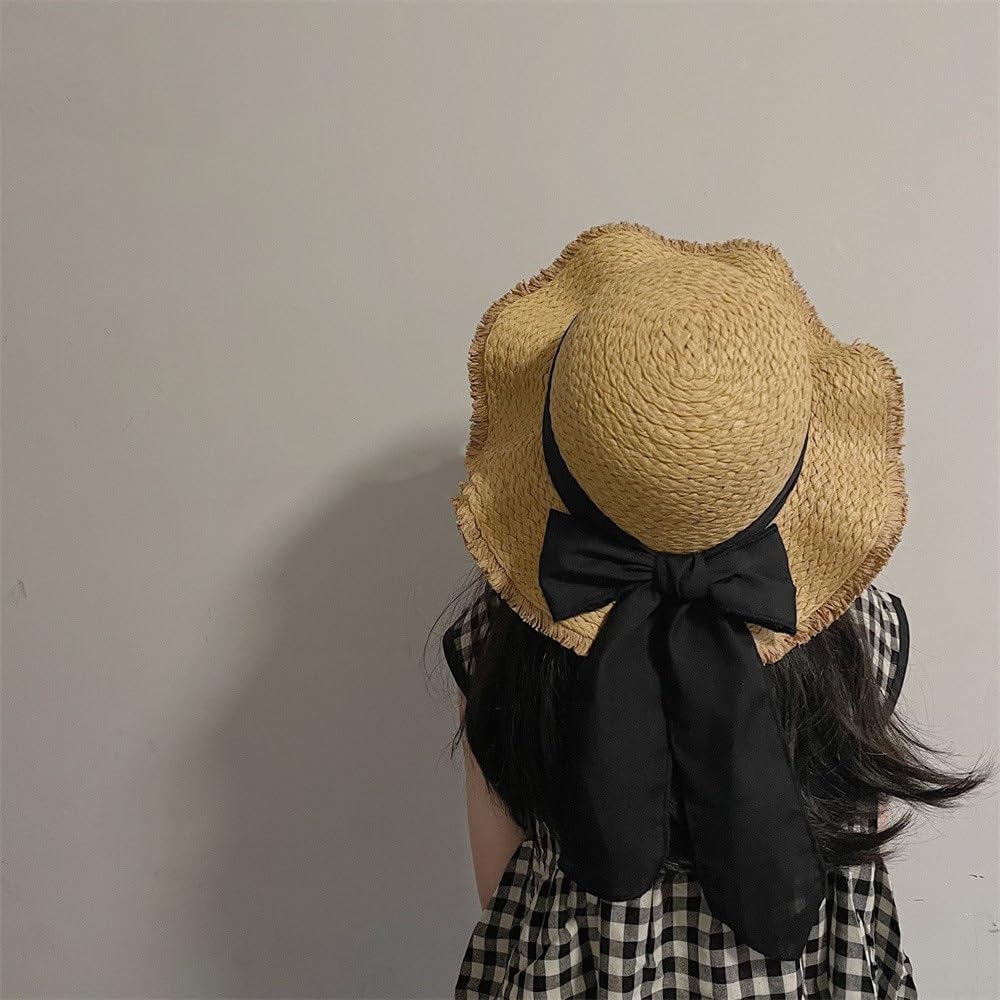 Cappello di Paglia Traspirante per Bambini Cappello da Sole Estivo da Spiaggia for Bambini, Grande Cappello di Paglia con Fiocco, 52 cm