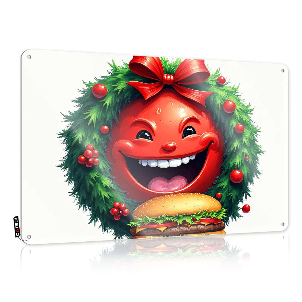 A Cheerful Red Face With A Christmas Wreath And A Burger. Statue Scoreboard Hanging | Patriotic Decoration Retirement Gift Vintage Metal Wall Decor(30X40CM)