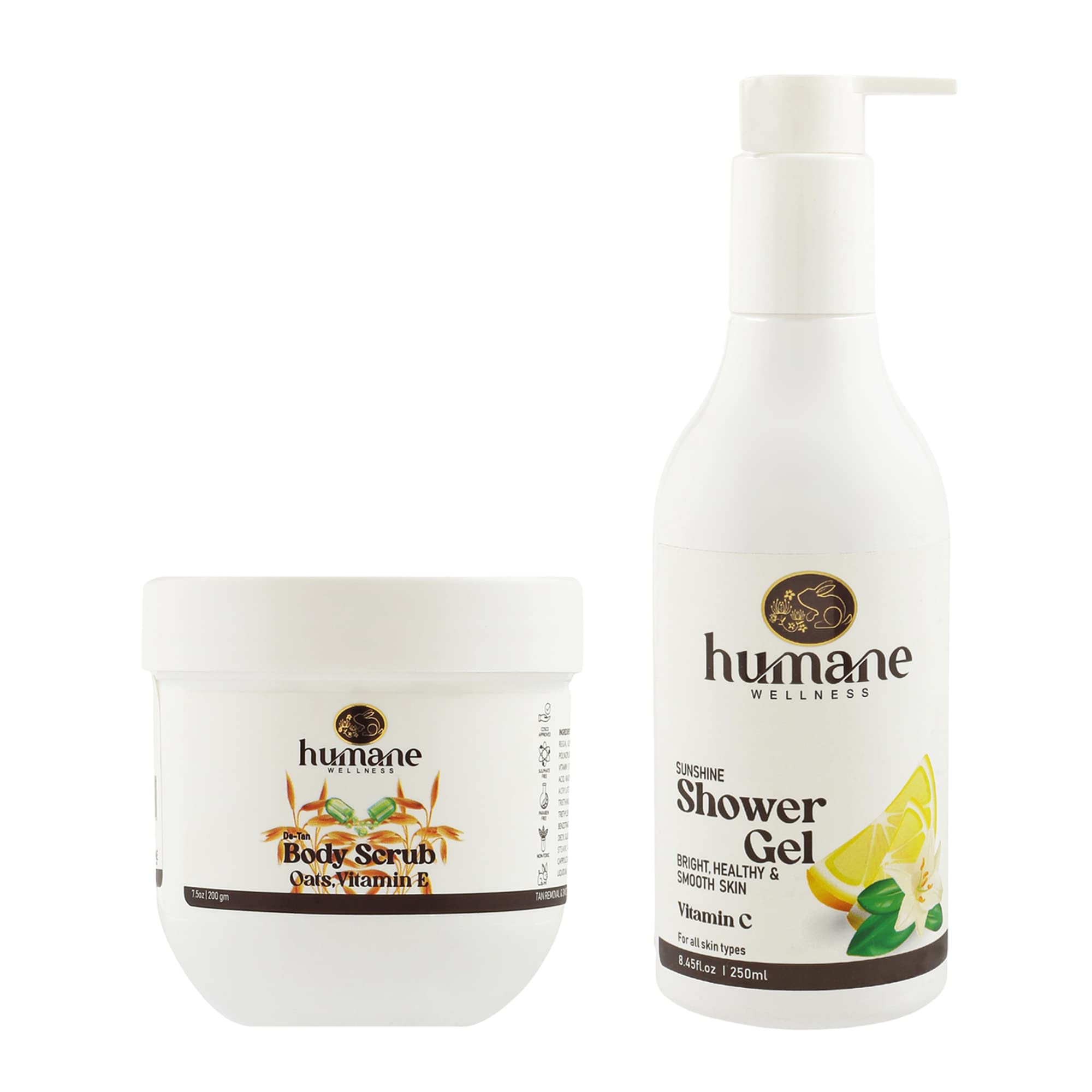 Humane Wellness De-tan Body Scrub with Oats and Vitamin E (200 g) & Sunshine Shower Gel With Vitamin C For All Skin Types - (250 ml) Combo Pack of 2
