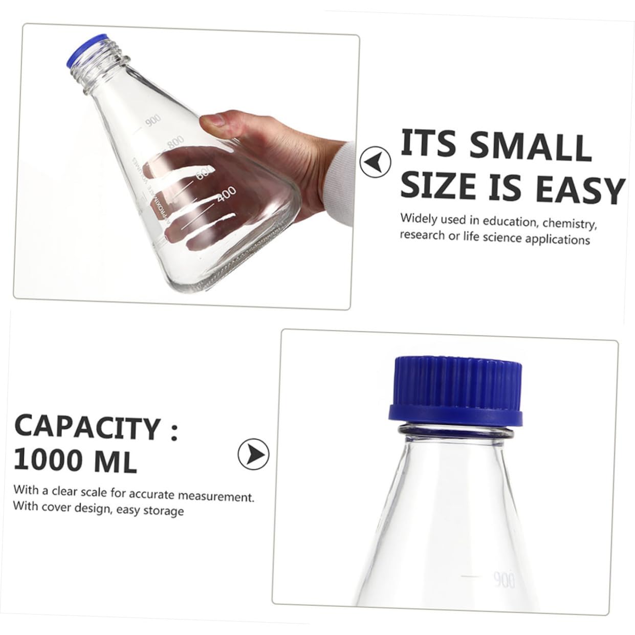 Set 2 Pezzi Bottiglie Coniche per Reagenti in Vetro Borosilicato da 1000ml Tappo, Graduato e Stabile, per Laboratori e Lezioni Scientifiche