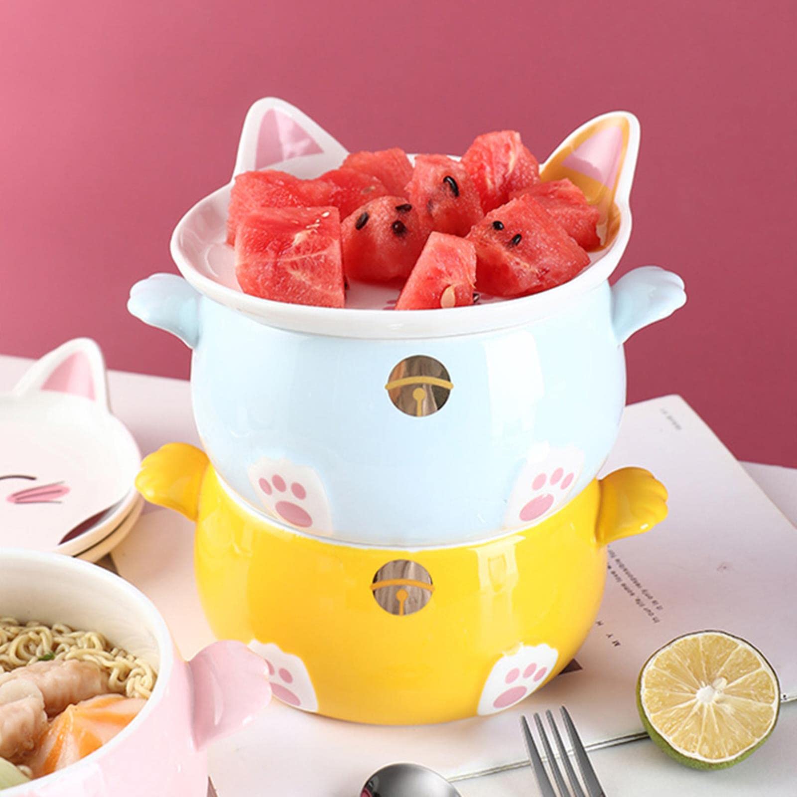 Schöne Katzen-Ramen-Schüssel mit Essstäbchen, Deckel, Löffel, Teller, Keramik, niedlich, für Küche, Salat, Obst, Instant-Nudeln, Reis, große Schüssel