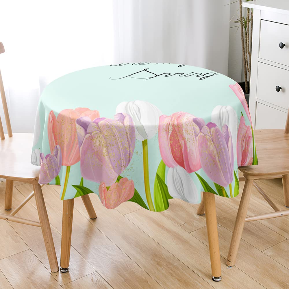 Lukery 3D Tulips Table Cloth Round Tablecloth Wipe Clean Tablecloths, Table Decoration for Party Kitchen Garden Indoor Outdoor (light blue,Diameter 110cm)
