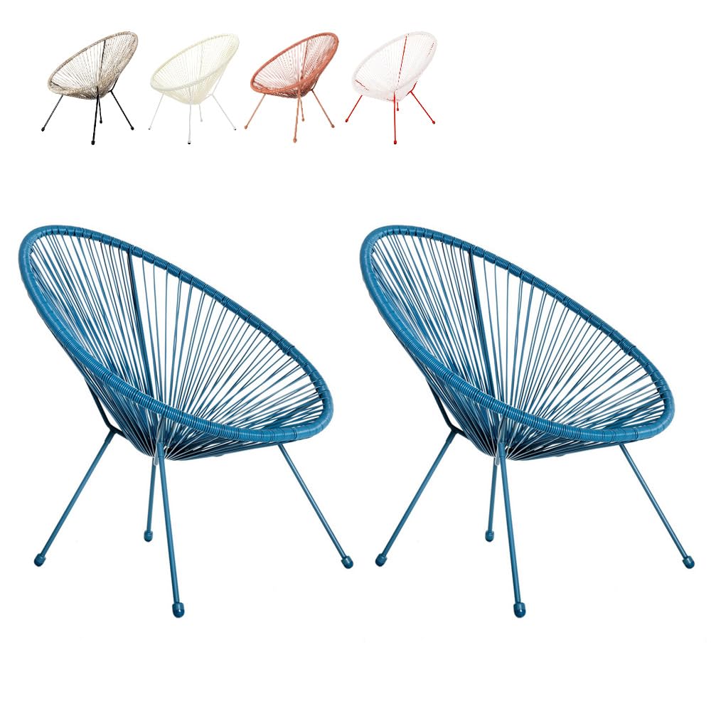 LOLAhome Pack 2 Sillones de jardín Acapulco Azul | Cuerdas de Rattan PE y Acero | 72x77x84 cm | con Topes de Goma, Resistente hasta 120kg | para Interior y Exterior, Jardín, Terraza | Acapulco