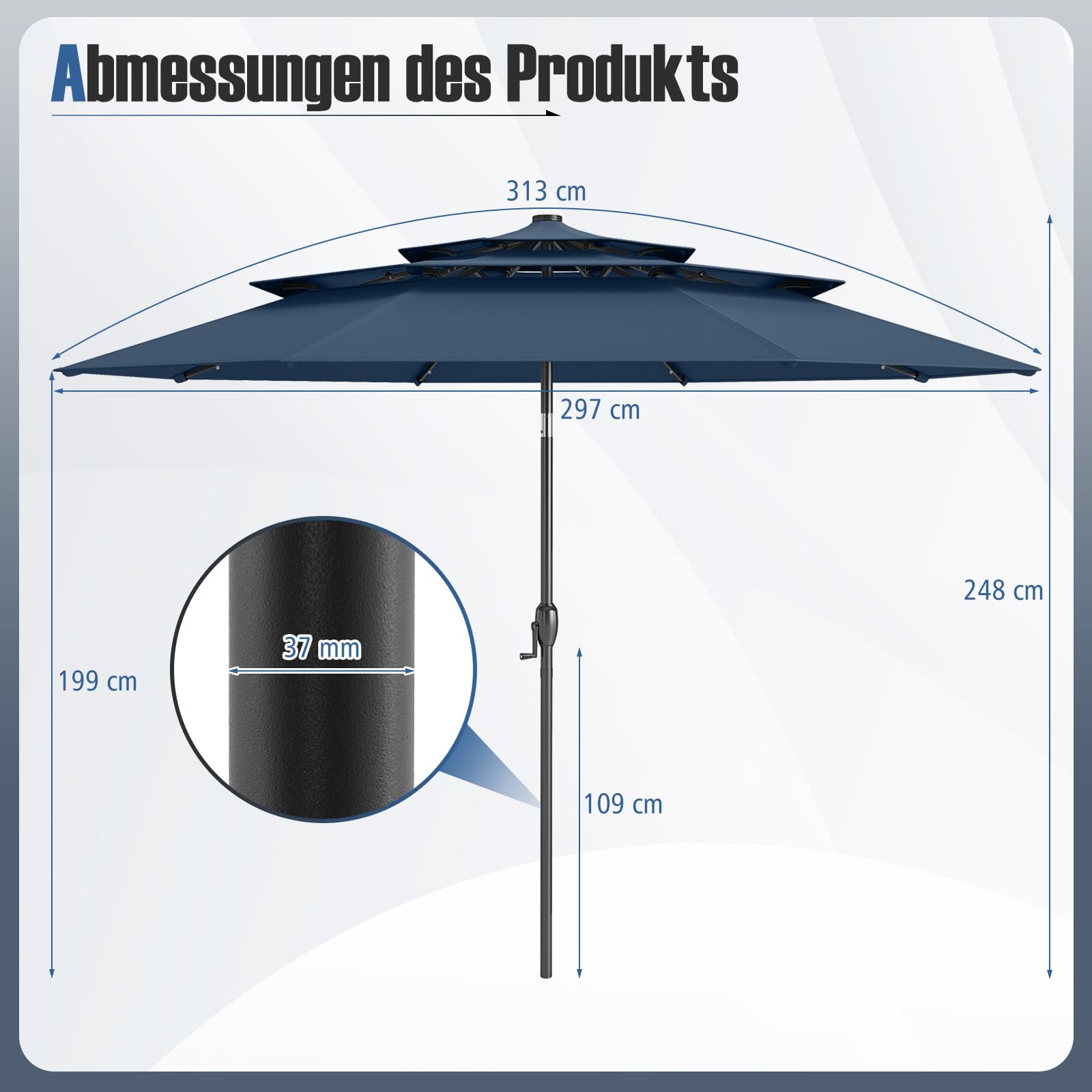 COSTWAY Parasol przeciwsłoneczny z oświetleniem solarnym LED, 300 cm, odporny na wiatr, stabilny, parasol tarasowy z korbą, obustronnie zginany o 35°, parasol balkonowy, do ogrodu, na balkon