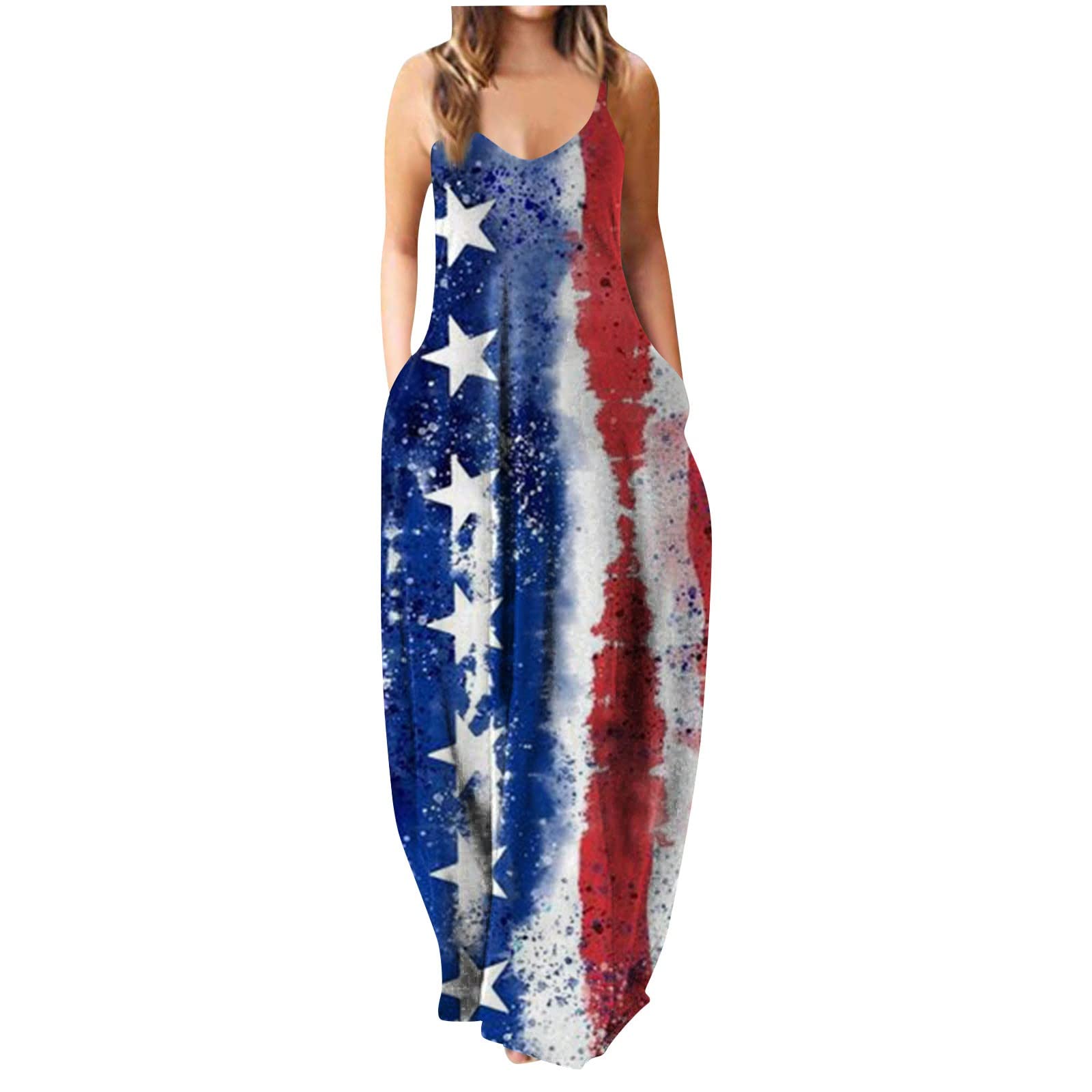 Summer Dresses for Women 2023 Sleeveless Thin Straps Casual Dresses Comfy Print Loose Dress with Pocket