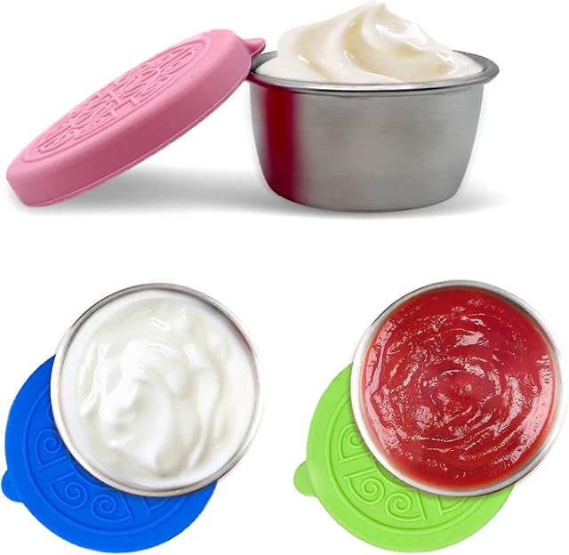Zueyen 3 x 50ml Stainless Steel Small Food Containers With Lids, Mini Food Storage Containers with Silicone Lids for Baby Food, Kids Snacks, Sauce, Puree, Dip, Portable Lunchbox(3 Color)