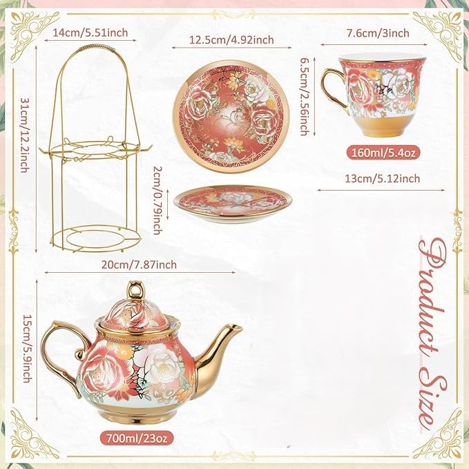 Image of DEEDECORWAVE Premium Ceramic Tea Set of 13 PCS Teapot (800ML) with 6 Cups (180ML Each), 6 Saucers & Holder Stand Elegant Gift for Tea Lovers Ideal for Home, Office & Parties (Dark Pink)