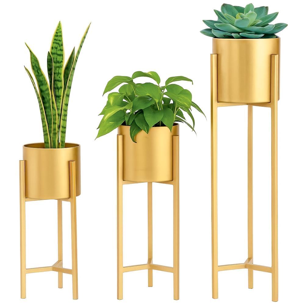 ALFHOME Set of 3 Metal Plant Stands with Pots – Gold Finish Indoor Planter Stand | Modern Decorative Flower Pot Holder | 25", 20", 15" Height | Living Room, Balcony, Office Décor (Gold)