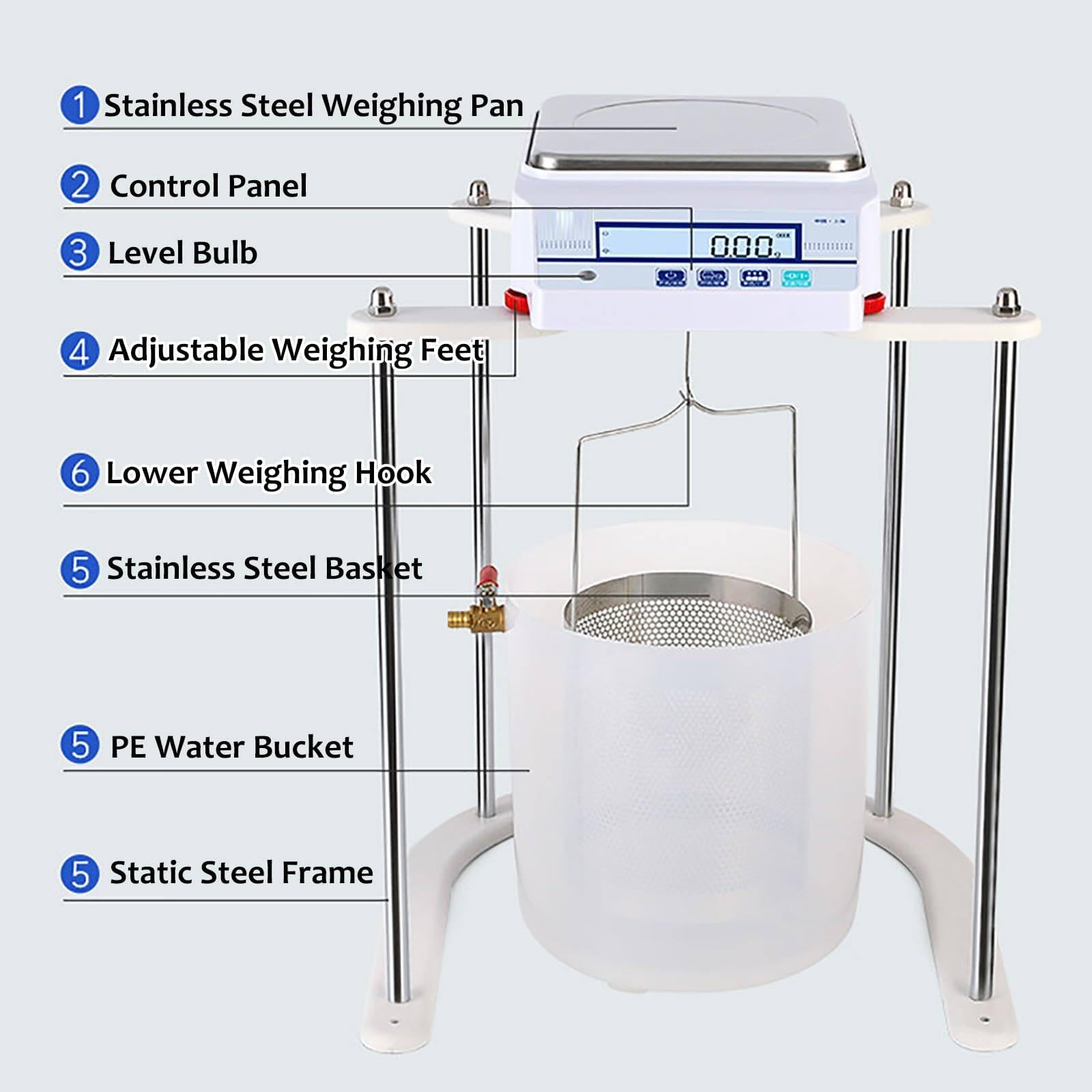 Balanza hidrostática con precisión de 0,01 g – Balanza Digital de Laboratorio para medición de Densidad y Volumen de sólidos, báscula subacuática, batería de Litio de 7,4 V 10000g