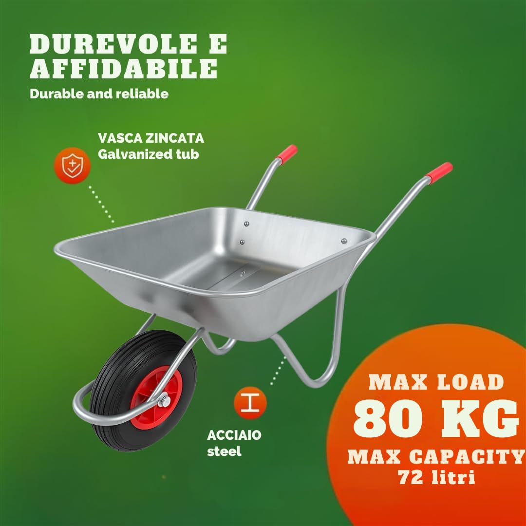 Carriola da Giardino 65L – Telaio in Acciaio Zincato, Ruota Pneumatica 4.00-6 Camera d’Aria, Portata 80kg – Ideale per Giardino,stalla,Cantiere