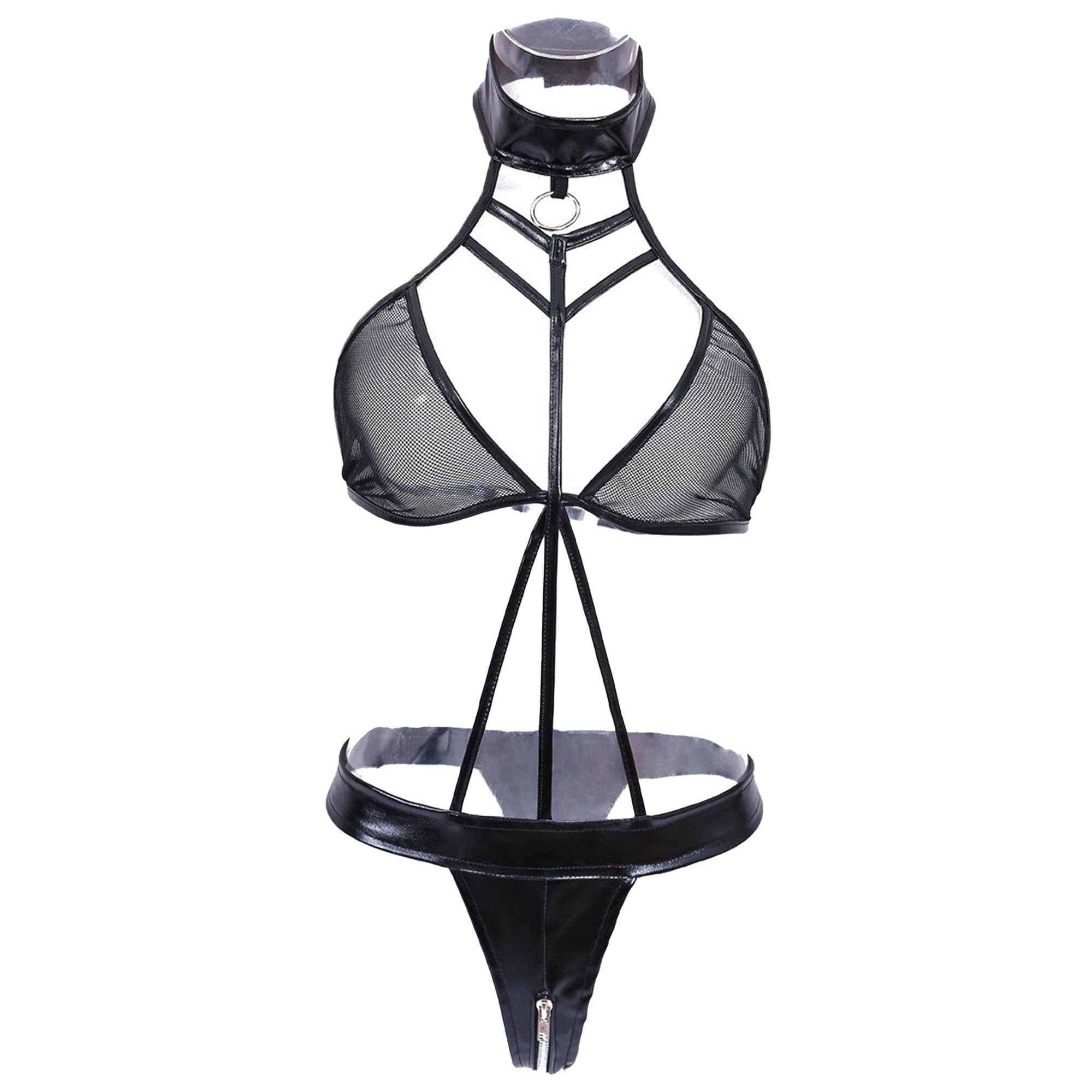 Zylphorix Black Mesh Halter Bra with Faux Leather Straps & Metal Ring Detail - Women's Edgy Gothic Lingerie Top - Small