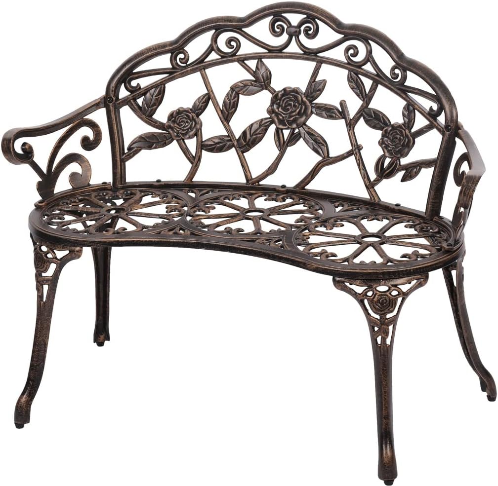Metal Outdoor Bench Garden Bench Patio Park Bench Porch Bench with Armrests Floral Rose Accent for Indoor/Outdoor Garden Patio Porch,Bronze